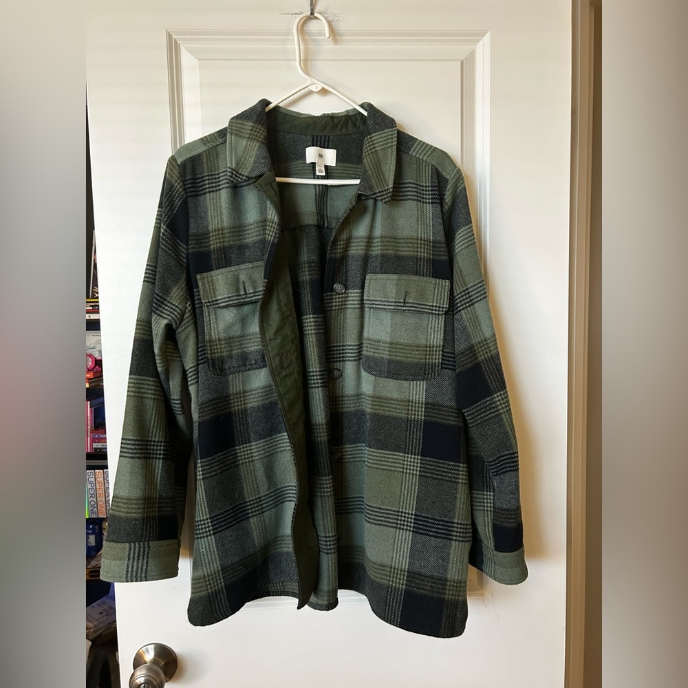 BP. Olive and Black Plaid Button-Up Shacket
